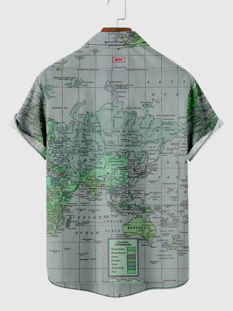Mercator Projection Vert Vintage Carte du Monde Impression Couleur Vert Chemise à Manches Courtes pour Homme