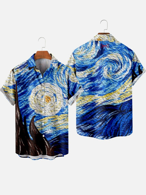 Abstract Starry Sky Vincent Oil Painting Printing Men's Short Sleeve Shirt