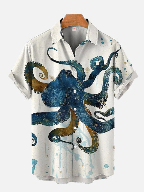 Indigo Ocean Large Blue Octopus Water Stain Printing Short Sleeve Shirt