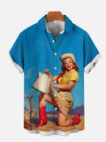 Western Style Sexy Cowgirl Making Coffee Printing Men's Short Sleeve Shirt