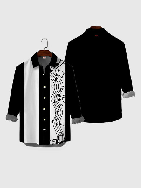 Langärmliges Herren-Shirt mit Retro-Schwarz-Weiß-Streifen, gewelltem Notendruck