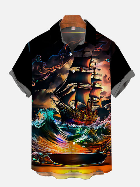 Fantasy Pirate Ship On The Sea Printing Short Sleeve Shirt