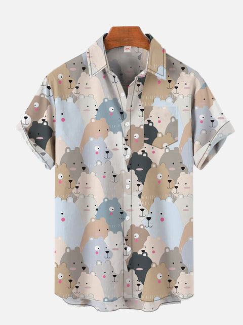 Cute Cartoon Bear Family Printing Breast Pocket Short Sleeve Shirt