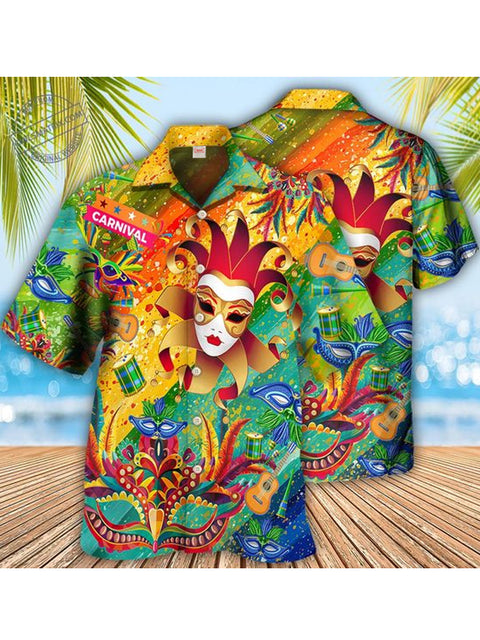 Carnival Print A Happy Carnival Is Coming Hawaiian Cuban Collar Short Sleeve Shirt