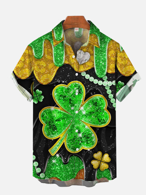 St. Patrick's Day Shine Four Leaf Clover Printing Men's Short Sleeve Shirt