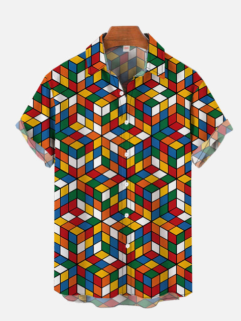 Op Art Abstract Design 80’s Rubiks Cube Printing Short Sleeve Shirt