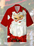 Christmas Elements Red Classic Gracious Bearded Santa Claus Printing Cuban Collar Men's Short Sleeve Shirt
