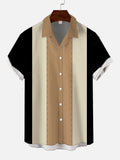 Retro Style Black And Khaki Stripes Stitching Bowling Cuban Collar Men's Short Sleeve Shirt