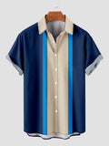 HOO 1960s Blue & Light Khaki Stitching Men's Short Sleeve Shirt