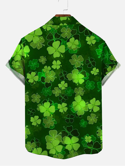 Full-Print Green St. Patricks Day Lucky Four-Leaf Clover Printing Cuban Collar Men's Short Sleeve Shirt