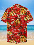 Eye-Catching Vitality Vacation Vintage Casual Red Floral Printing Cuban Collar Hawaiian Short Sleeve Shirt