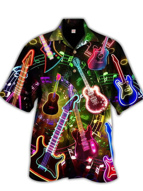 Eye-Catching Retro Style Colorful Neon Elements Music Guitar Print Cuban Collar Hawaiian Short Sleeve Shirt