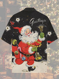 Christmas Elements Black Starburst Santa Claus And Bells Printing Cuban Collar Men's Short Sleeve Shirt