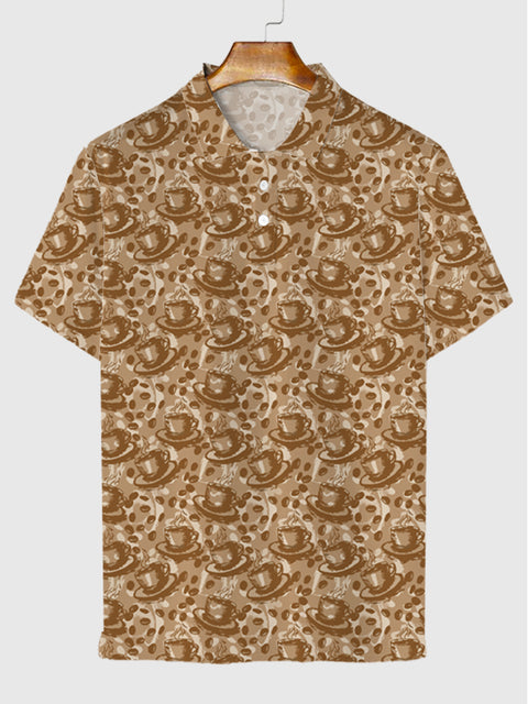 Herren-Kurzarm-Poloshirt mit Kaffeebohnen und Kaffeetassendruck