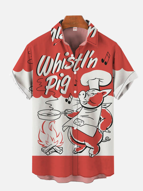 Delightful Red And White Stitching Whistlin P-Chef BBQ Printing Short Sleeve Shirt