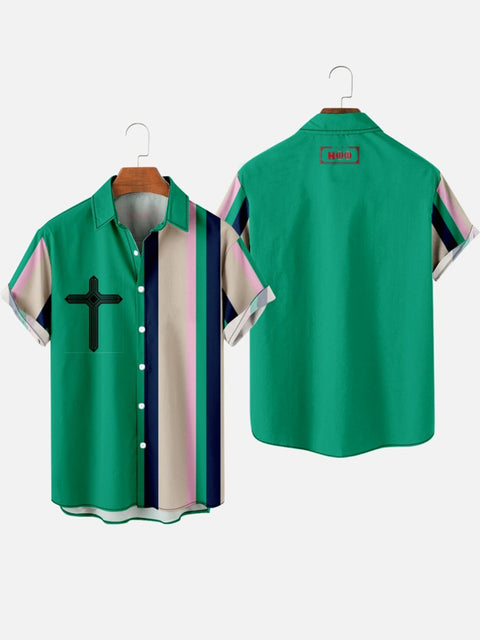 Easter Elements Christian Cross and Stripe Printing Men's Short Sleeve Shirt