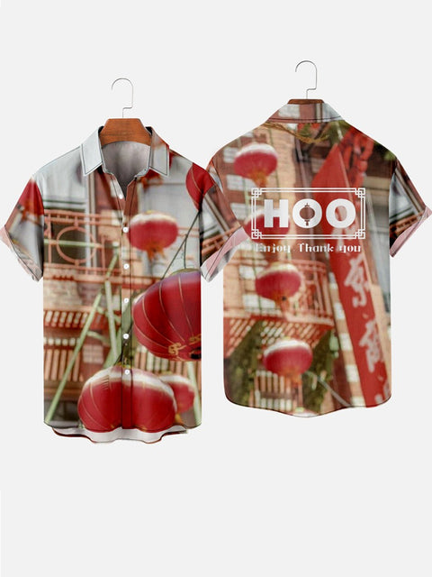 Chinese Red Lantern and Bamboo Building Printing Men's Short Sleeve Shirt