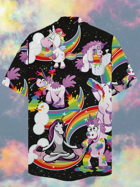Eye-Catching Hippie Stylish Funny Style Unicorn With Rainbow And Stars Printing Cuban Collar Hawaiian Short Sleeve Shirt