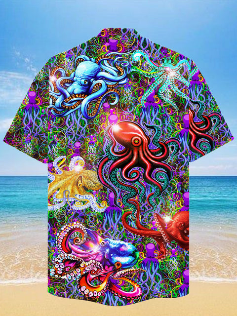 Eye-Catching Psychedelic Stunning Hippie Colored Octopus Printing Cuban Collar Hawaiian Short Sleeve Shirt