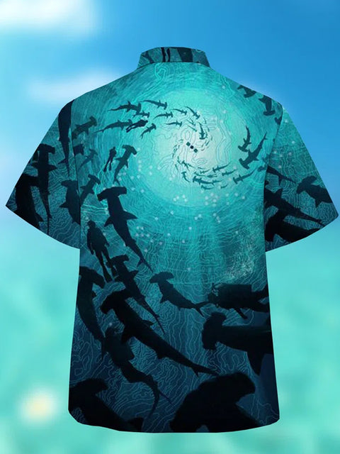 Eye-Catching Blue Harmonious Nature Hammerhead Sharks And Divers Print Cuban Collar Hawaiian Short Sleeve Shirt