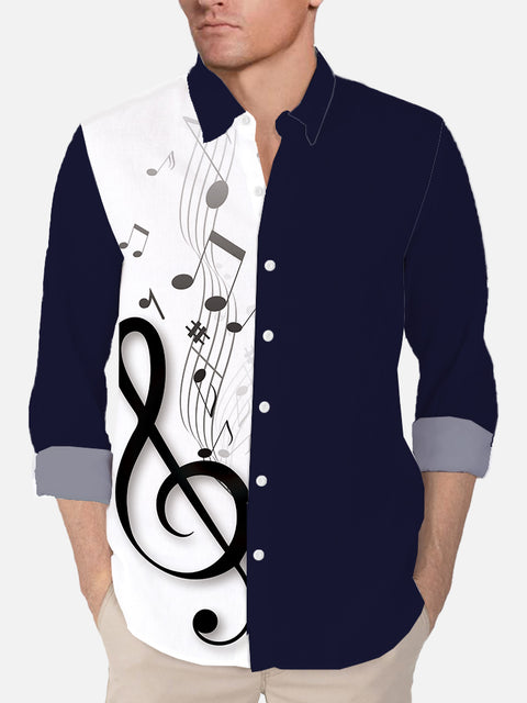 Musical Notes And Blue Stitching Printing Men's Long Sleeve Shirt