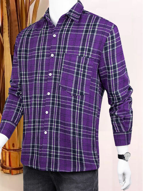 HeavyWeight Thickened Purple Tartan Flannel Breast Pocket Men's Long Sleeve Shirt
