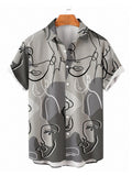 Kurzärmliges Herrenhemd mit grauem abstraktem Strichzeichnungsgesicht bedruckt