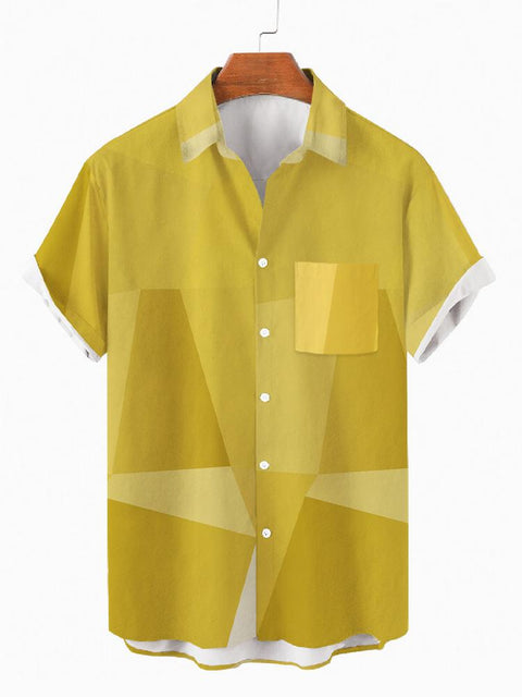 Irregular Yellow Pattern Patchwork Turndown Collar Men's Short Sleeve Shirt