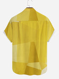 Irregular Yellow Pattern Patchwork Turndown Collar Men's Short Sleeve Shirt