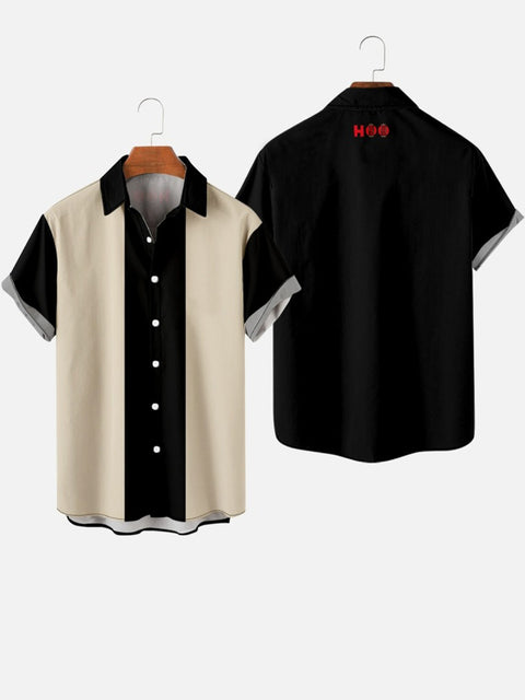 HOO 1960s Black and Off-White Stitching Men's Short Sleeve Shirt