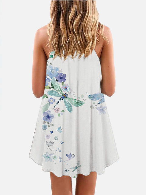 Spring Summer Daily Casual Dragonfly Printing Sleeveless Camisole Dress