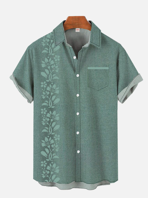 Green Tropical Floral Print  Breast Pocket Polyester Casual Short Sleeve Shirt
