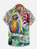 Hand Painted Wildlife In Hawaii Paradise Birds Parrot Print Short Sleeve Shirt