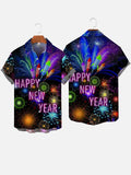 Happy New Year! Glitter Neon Fireworks Hawaiian Short Sleeve Shirt