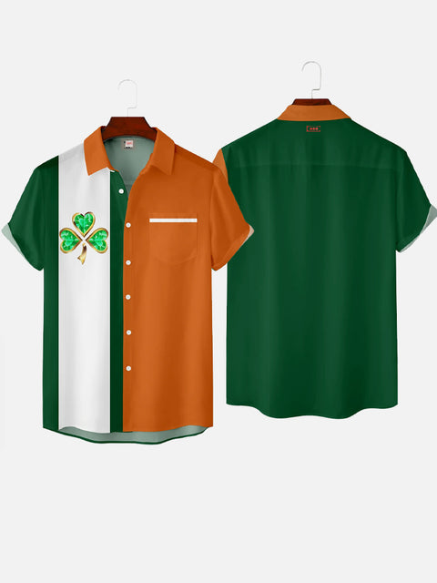 St. Patrick's Day Green And Orange Matching Lucky Clover Printing Short Sleeve Shirt