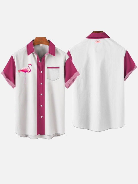 Vintage Pink Striped Flamingo Print Short Sleeve Shirt