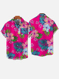 Tropical Pink Hibiscus Flowers With Green Leaves Printing Hawaiian Breast Pocket Short Sleeve Shirt