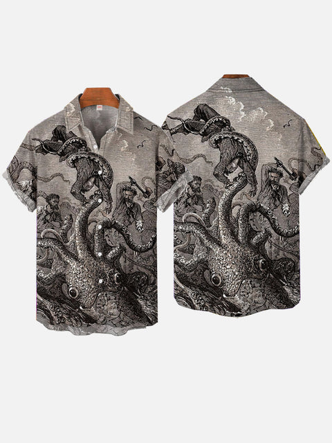 Fashion Vintage Art Casual Octopus War Printing Short Sleeve Shirt