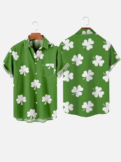 St. Patricks Day Vacation Green And White Clovers Printing Hawaiian Short Sleeve Shirt