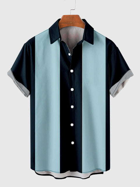 Chemise à manches courtes 50s LightBlue &amp; Navy Stripe Camp pour Homme
