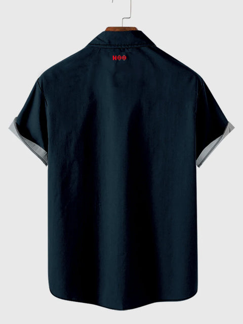 50s Blue &amp; Navy Stripe Line Dot Geometric Elements Printing Men's Short Sleeve Shirt