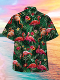 Eye-Catching Full-Print Animalistic Design Topical Flamingos Printing Cuban Collar Hawaiian Short Sleeve Shirt