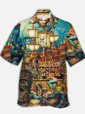Eye-Catching Vintage Map Print Skull Pirate Treasure Printing Cuban Collar Hawaiian Short Sleeve Shirt