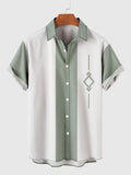 50s White & LightGreen Stitching Geometrical Element Printing Men's Short Sleeve Shirt