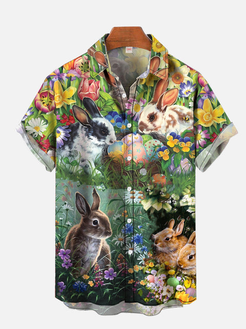 Easter Bunny with Flowers Printing Short Sleeve Shirt