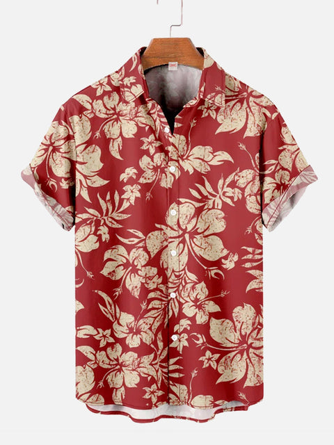 Vintage Casual Red Floral Hawaiian Short Sleeve Shirt