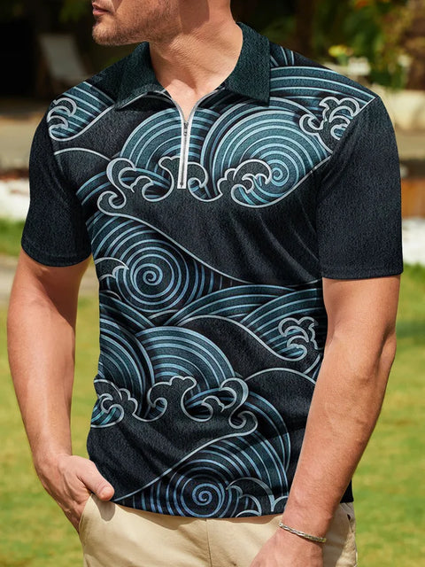 Wave Totem Print Zipper Spread Collar Short Sleeve Polo