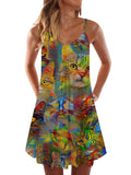 Carnival Psychedelic Colorful Cat Oil Painting Printing Hawaiian Sleeveless Camisole Dress
