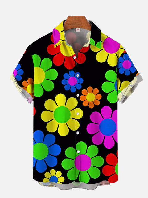 Hippie Peace Rainbow Flower Power Fashion Vintage Printing Short Sleeve Shirt