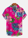 Tropical Pink Hibiscus Flowers With Green Leaves Printing Hawaiian Breast Pocket Short Sleeve Shirt